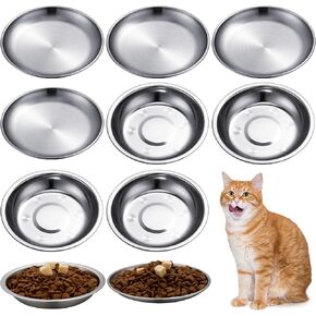 Domensi 8 Pieces Stainless Steel Cat Bowls 5.5 Inch Wide Whisker Friendly Cat Dishes Flat Cat Dish Small Pet Plate for Kittens Cat Ferrets Stray Cats Wet and Dry Food