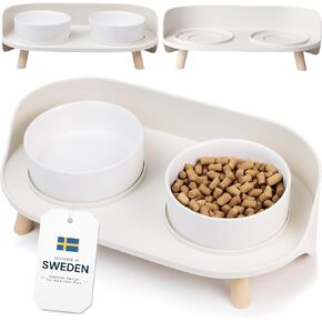 Malsipree Cat & Dog Bowls Elevated Set with Stand - Ceramic Elevated Dog Bowls for Small to Medium Cats & Dogs - with Splash Guard - Raised Dog Bowl Stand 4" (Sand Beige)