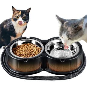 Dreyoo Heated Water Bowl for Outdoor Cats Stainless Steel Heated Cat Bowls Large Cat Food Warmer, Double Heated Pet Bowl for Feral Cat Feeding Station Provide Non Freezing Food and Water (Black)