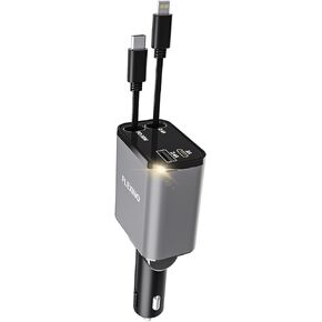 Flexino Retractable Car Charger,iPhone16 Car Charger,USB C Car Charger,69W Fast Charge,Smaller Size with 2 Retractable Cords,Cigarette Lighter Adapter,Fit for iPhone 16/15/14/13/12,Samsung Galaxy,Grey