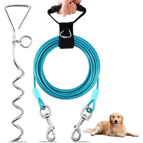 Dog Tie Out Cable and Stake,15FT Outside Dog Run Cable Leash&Chain with Hand Strap for Camping and Yard, 16'' Heavy Duty Anti Rust Spiral Stake for Small-Large Dogs Up to 125lbs (Green, 125lbs 15FT)