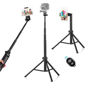 Andoer Selfie Stick Tripod 1.5m/59in Tripod Stand + Extendable Selfie Stick Aluminum Alloy with Phone Holder Remote Shutter Compatible with iPhone Android Phones Stand for LED Ring Light