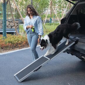 COZIWOW Aluminum Pet Ramp Ladder, Dog Car Step Ramp with 2-Fold Design, Sandpaper Non-Slip Surface, Oxford Strap and Handles, Dog Ramp Climbing Ladder for Most Dogs, Black