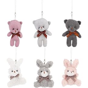 6 Pcs Bear Rabbit Plush Phone Charm, Shiny Velvet Animal Lanyard Charms with Bownot Mobile Phone Pendants Decorative Cellphone Charms for Bag Keychain Camera Purse Car Decor