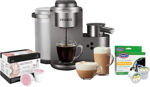 ماكينة صنع القهوة Keurig K-Cafe إصدار خاص مع وظيفة اللاتيه والكابتشينو - تخمير مريح - (النيكل) حزمة مع دونات شوب كبسولات القهوة المشوية المتوسطة وأكواب التنظيف (3 عناصر) in Kuwait