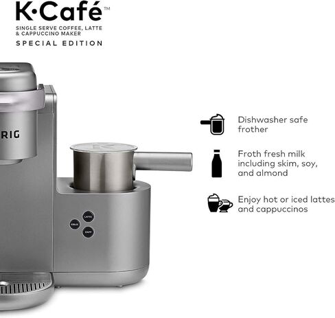 ماكينة صنع القهوة Keurig K-Cafe إصدار خاص مع وظيفة اللاتيه والكابتشينو - تخمير مريح - (النيكل) حزمة مع دونات شوب كبسولات القهوة المشوية المتوسطة وأكواب التنظيف (3 عناصر) in Kuwait