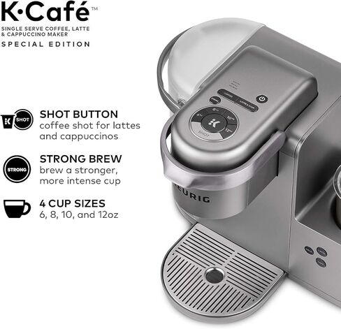 ماكينة صنع القهوة Keurig K-Cafe إصدار خاص مع وظيفة اللاتيه والكابتشينو - تخمير مريح - (النيكل) حزمة مع دونات شوب كبسولات القهوة المشوية المتوسطة وأكواب التنظيف (3 عناصر) in Kuwait