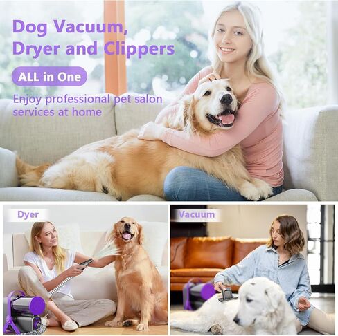XiaZ Dog Grooming Kit, 14 Kpa Pet Grooming Vacuum Dryer with Clipper, Nail Grinder and Paw Trimmer, Hair Vacuum Groomer for Shedding Blowing Trimming Pet's Hair, 10 Grooming Tools, Low-Noise, Purple in Kuwait