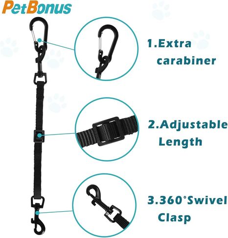 حزام أمان لمقود الكلاب من PetBonus، مشبك احتياطي مزدوج الأطراف قابل للتعديل لحقائب الظهر لحمل الكلاب مع حلقة تسلق (أسود) in Kuwait