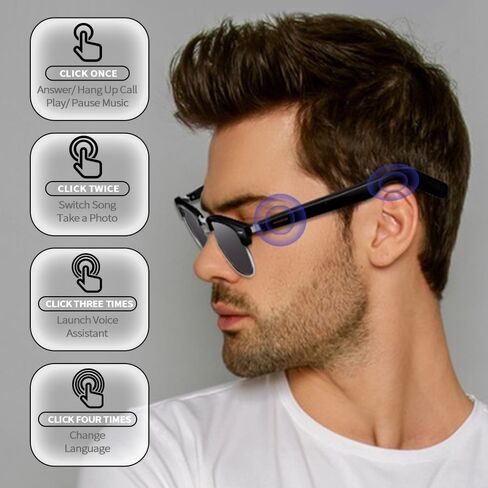 Bluetooth Smart Glasses for Men Women, Unisex Intelligent Sunglasses with Open Ear Music Audio Hand-Free Calling AAC Speaker and Remote Photo, Great Present for Friends Family in Saudi Arabia