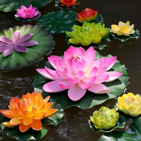 19pcs Realistic Floating Foam Lotus Flowers and Lotus Leaves, Artificial Lotus Flowers Water Lilies for Pond Pool, 4" and 6" Large Beautiful Lifelike Water Lilies for Fountain Garden Decoration in Kuwait