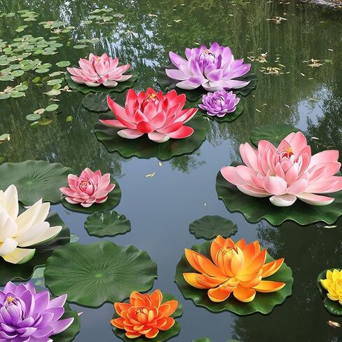 19pcs Realistic Floating Foam Lotus Flowers and Lotus Leaves, Artificial Lotus Flowers Water Lilies for Pond Pool, 4" and 6" Large Beautiful Lifelike Water Lilies for Fountain Garden Decoration in Kuwait