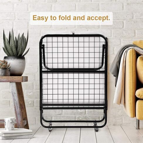 سرير ضيوف قابل للطي مع عجلات، سرير ضيوف محمول للتخييم، سرير محمول، سرير إضافي قابل للطي مقاس 3.9 بوصة، مرتبة إسفنجية مريحة، إطار قوي قوي للخدمة الشاقة L75W30H12 بوصة، أبيض in Kuwait