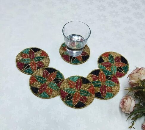SS CREATIONS Décor Indian Handmade Beaded Coffee, Tea Coaster 6 Inches Dia Set of 6 (Style-04) in Saudi Arabia