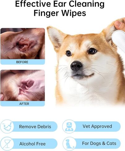 Dog Ear Wipes Finger, Ear Finger Wipes for Dogs & Cats, Ear Cleaner Finger Wipes for Ear Wax, Debris, Deodorizes, Relieve Ear Itching & Inflammation, Natural Pet Ear Wipe for Dog, 50 Count in Saudi Arabia