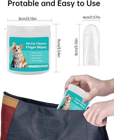 Dog Ear Wipes Finger, Ear Finger Wipes for Dogs & Cats, Ear Cleaner Finger Wipes for Ear Wax, Debris, Deodorizes, Relieve Ear Itching & Inflammation, Natural Pet Ear Wipe for Dog, 50 Count in Saudi Arabia