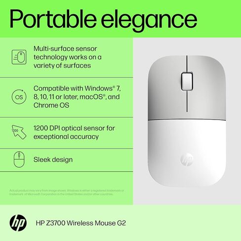 HP Z3700 G2 Wireless Mouse - Natural Silver, Sleek Portable Design fits Comfortably Anywhere, 2.4GHz Wireless Receiver, Blue Optical Sensor, Wins PC, Laptop, Notebook, Mac, Chromebook (66Z09AA#ABL) in Saudi Arabia