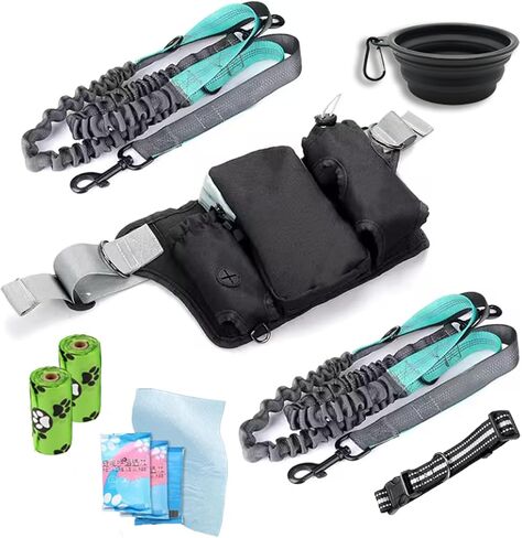 VOLUPTAS Hands Free Dog Leash Dog Walking Fanny Pack with Portable Dog Bowl - Waist Leash for Dog Walking with Phone Holder, Dog Poop Bag, Dog Treat Pouch, Bottle Holder, Dog Collar (Black, 2 LEASHES) in Saudi Arabia