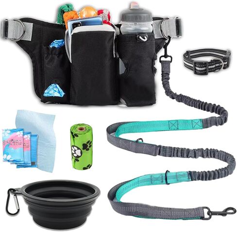VOLUPTAS Hands Free Dog Leash Dog Walking Fanny Pack with Portable Dog Bowl - Waist Leash for Dog Walking with Phone Holder, Dog Poop Bag, Dog Treat Pouch, Bottle Holder, Dog Collar (Black, 2 LEASHES) in Saudi Arabia