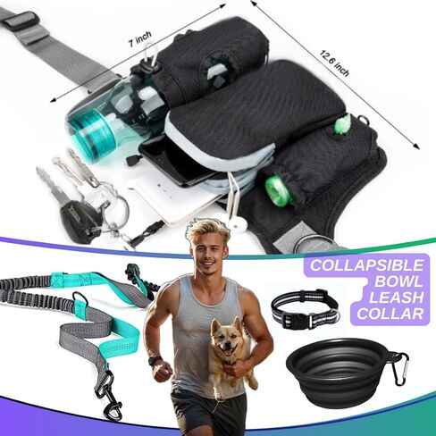 VOLUPTAS Hands Free Dog Leash Dog Walking Fanny Pack with Portable Dog Bowl - Waist Leash for Dog Walking with Phone Holder, Dog Poop Bag, Dog Treat Pouch, Bottle Holder, Dog Collar (Black, 2 LEASHES) in Saudi Arabia