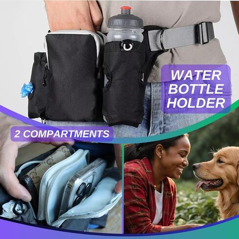 VOLUPTAS Hands Free Dog Leash Dog Walking Fanny Pack with Portable Dog Bowl - Waist Leash for Dog Walking with Phone Holder, Dog Poop Bag, Dog Treat Pouch, Bottle Holder, Dog Collar (Black, 2 LEASHES) in Saudi Arabia