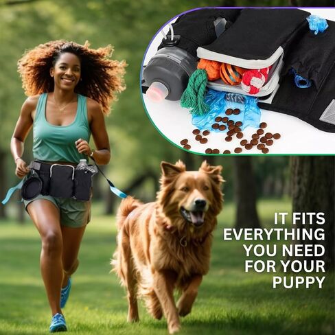 VOLUPTAS Hands Free Dog Leash Dog Walking Fanny Pack with Portable Dog Bowl - Waist Leash for Dog Walking with Phone Holder, Dog Poop Bag, Dog Treat Pouch, Bottle Holder, Dog Collar (Black, 2 LEASHES) in Saudi Arabia