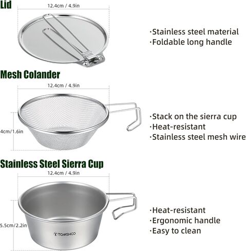 مجموعة أدوات المطبخ، وعاء كوب سييرا من الفولاذ المقاوم للصدأ مع مصفاة شبكية وغطاء للتخييم والمشي لمسافات طويلة وحقيبة الظهر in Kuwait