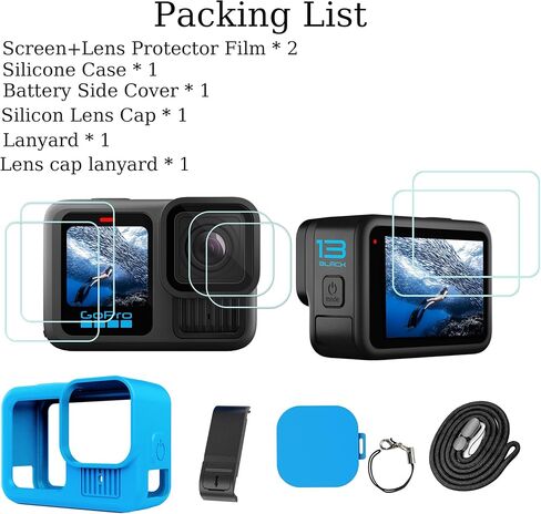 حافظة PCTC من السيليكون لهاتف Go Pro Hero 13 باللون الأسود، 6 عبوات واقي شاشة لـ Hero 13 وغطاء جانبي للبطارية وغطاء العدسة والحبل، مجموعة الملحقات فقط لـ GoPro Hero 13 (أسود) in Kuwait