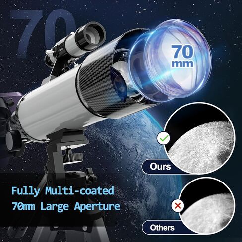 Telescope for Adults and Kids, 70mm Aperture 360mm Refractor Telescope for Astronomy Beginners(14.5x-108x), Portable Travel Telescope with Phone Adapter, Tripod and Carry Bag in Kuwait