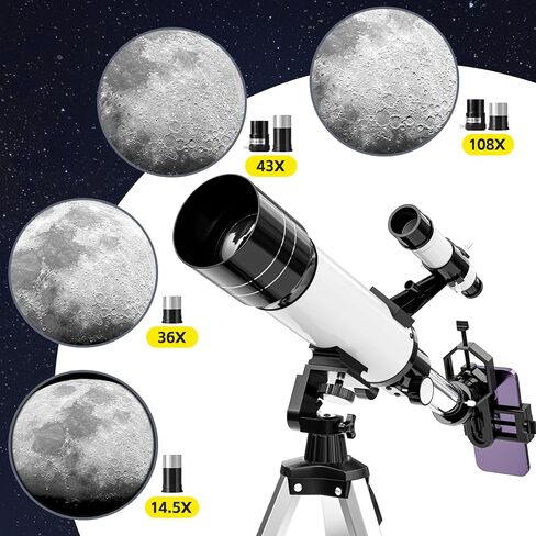 Telescope for Adults and Kids, 70mm Aperture 360mm Refractor Telescope for Astronomy Beginners(14.5x-108x), Portable Travel Telescope with Phone Adapter, Tripod and Carry Bag in Kuwait