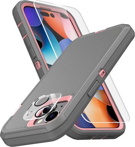MXX Heavy Duty Made for iPhone 15 Case with Tempered Glass Screen, Camera Lens Protector 3-Layer Full Body Protection - Shockproof Dustproof Cover for Apple 15 Phone Case 6.1" (Gray/Light Pink) in Kuwait