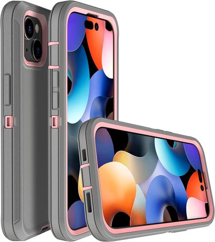 MXX Heavy Duty Made for iPhone 15 Case with Tempered Glass Screen, Camera Lens Protector 3-Layer Full Body Protection - Shockproof Dustproof Cover for Apple 15 Phone Case 6.1" (Gray/Light Pink) in Kuwait