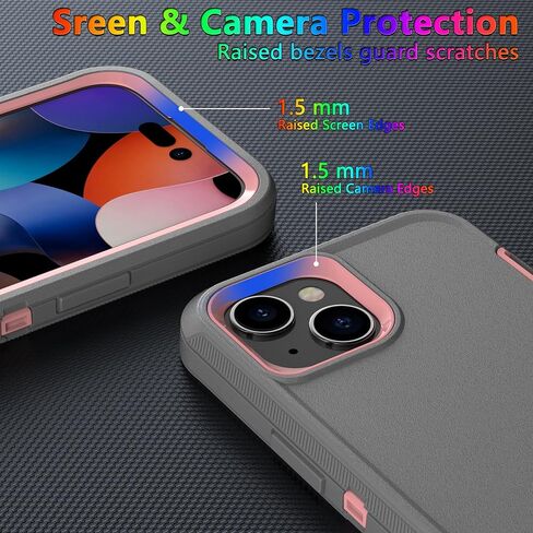 MXX Heavy Duty Made for iPhone 15 Case with Tempered Glass Screen, Camera Lens Protector 3-Layer Full Body Protection - Shockproof Dustproof Cover for Apple 15 Phone Case 6.1" (Gray/Light Pink) in Kuwait