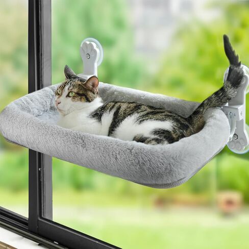 Foldable Cat Hammock for Window, Cat Window Perch with Removable Soft Cover, Cordless Cat Window Hammock for Large Cats, Machine Washable Cat Bed Cover and Solid Metal Frame(Grey Cushion Bed, Large) in Saudi Arabia