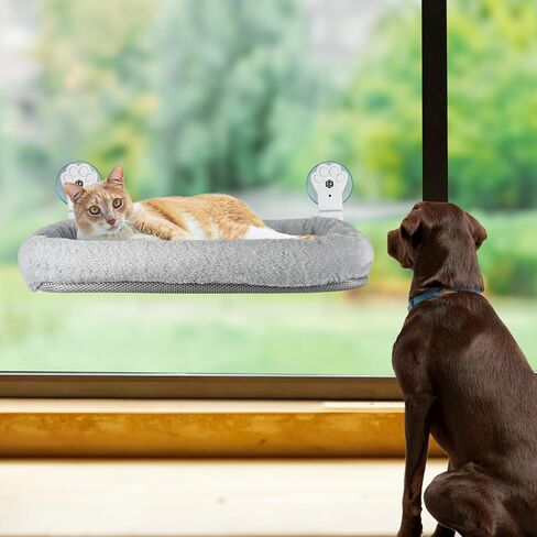 Foldable Cat Hammock for Window, Cat Window Perch with Removable Soft Cover, Cordless Cat Window Hammock for Large Cats, Machine Washable Cat Bed Cover and Solid Metal Frame(Grey Cushion Bed, Large) in Saudi Arabia