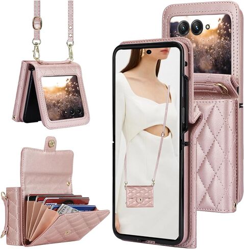 CCSmall Crossbody Cover for Motorola Razr 2024 Wallet Case for Women, PU Leather Purse with Credit Card Slot Holder RFID Blocking Adjustable Lanyard Phone Case for Moto Razr 50 FQ Rose Gold in Kuwait