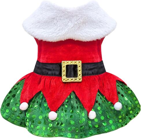 Idepet Christmas Dog Dress Cute Skirt Pet Christmas Costume Cat Sparkly Sequin Clothes Girl Puppy Xmas Holiday Party Cosplay Outfit Winter Apparel for Small Dogs Cats (Red, Small) in Saudi Arabia