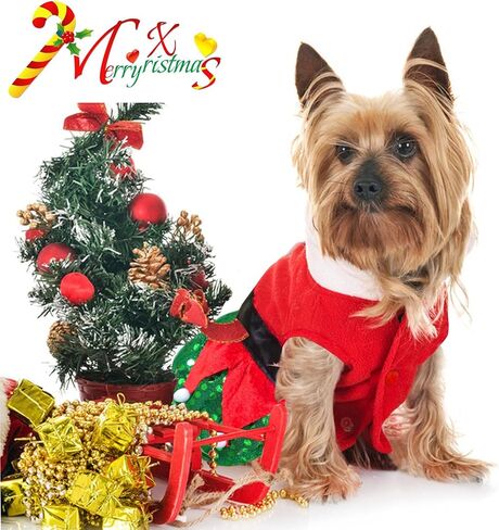 Idepet Christmas Dog Dress Cute Skirt Pet Christmas Costume Cat Sparkly Sequin Clothes Girl Puppy Xmas Holiday Party Cosplay Outfit Winter Apparel for Small Dogs Cats (Red, Small) in Saudi Arabia