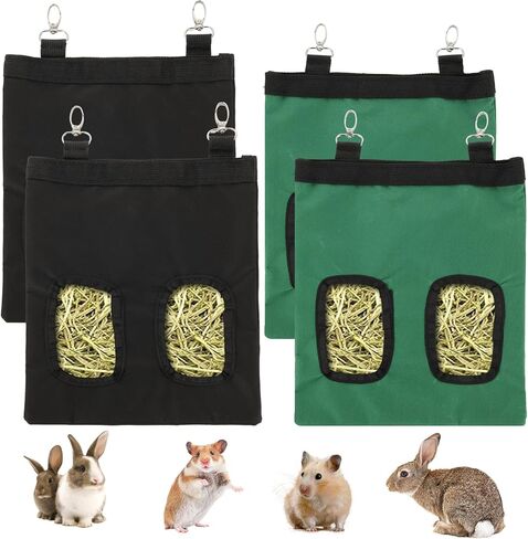 4 PCS Rabbit Hay Feeder Bag, 2 Holes Guinea Pig Hay Feeder, Hanging Rabbit Hay Feeder Bag, Bunny Hay Feeders for Rabbits Guinea Pigs Chinchillas Small Pets (Black & Green) in Saudi Arabia