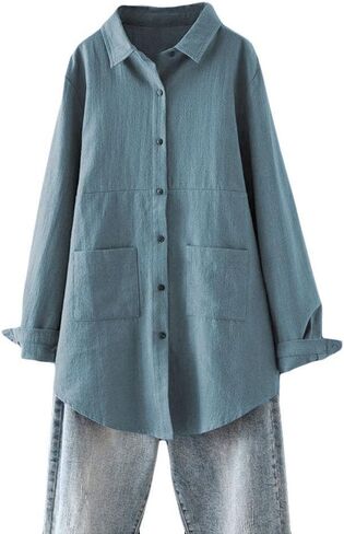 Minibee Women's Linen Shirts Button Down Long Tunic Tops Plus Size Blouse with Pockets in Saudi Arabia