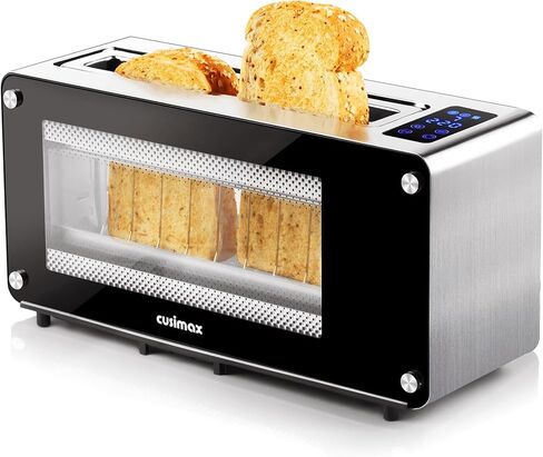 محمصة خبز CUSIMAX شريحتين، فتحة محمصة طويلة مع نافذة زجاجية شفافة، إعدادات تحكم رقمية بلمسة واحدة مع رفع تلقائي، لوحة زجاجية منزلقة وصينية فتات سهلة التنظيف، محمصة خبز سوداء in Kuwait