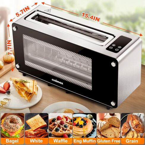 محمصة خبز CUSIMAX شريحتين، فتحة محمصة طويلة مع نافذة زجاجية شفافة، إعدادات تحكم رقمية بلمسة واحدة مع رفع تلقائي، لوحة زجاجية منزلقة وصينية فتات سهلة التنظيف، محمصة خبز سوداء in Kuwait