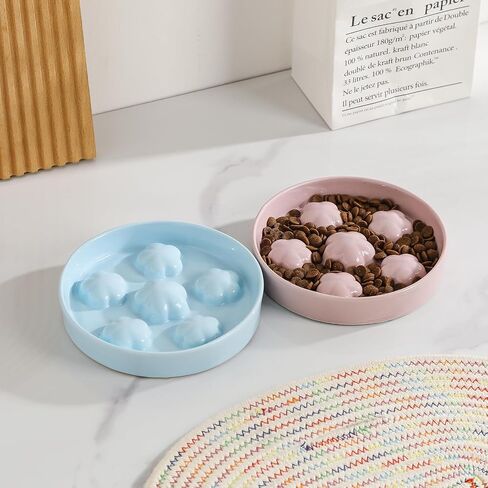 Cat Slow Feeder Bowl Ceramic - Slow Eating Cat Bowl Anti Vomiting - Pastel Tones Cat Food Plate - Cute Bloom Cat Feeding Bowl - Fun Maze Cat Dish for Fast Eaters - Dishwasher Safe - 6 OZ - Off White in Saudi Arabia