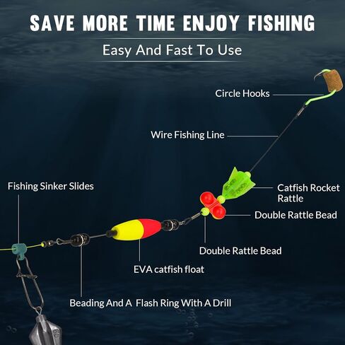 THKFISH Catfish Rigs Fishing Rigs, 5PCS Bank Fishing Catfishing Tackle,Catfishing Tackle Floats with Rattler Catfishing Equipment, 6/0 8/0 10/0 Circle Hooks 50-70 LB Wire Fishing line with Snaps in Saudi Arabia