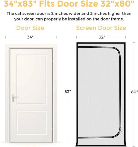 Sunolga Cat Screen Door يناسب حجم الباب 36 بوصة × 82 بوصة، باب شاشة للحيوانات الأليفة من النسيج المقوى مع سحاب وخطاف وحلقة لغرفة المعيشة والمطبخ وغرفة النوم، يمنع القطط والكلاب من النفاد، أسود in Saudi Arabia