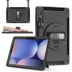Galaxy Tab S10 Plus 2024/ S9 Plus Protective Carrying Case, Shockproof Rugged Case for Samsung Tab 12.4 inch with Kickstand/Hand Strap/Stylus Holder/Shoulder Belt, Black