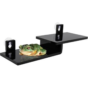 Frogs Basking Platform with Suction Cup, Black Acrylic Material Double Ledge for Reptile, Tank and Aquarium Accessories, Suitable for Small Reptile Animals Frogs Geckos Lizards 7.3 x 2.4 x 1 Inches