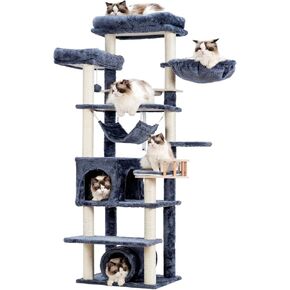Cat Tree for Indoor Cats, 64" Tall Cat Tower with Scratching Post, Cat Condo and Platforms for Large Adult with Food Station, Cat Tunnel, Hammock, Cat Bowls, Light Gray GCT021W