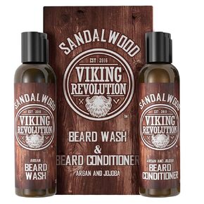 Beard Wash & Beard Conditioner Set w/Argan & Jojoba Oils - Softens & Strengthens - Natural Sandalwood Scent - Beard Shampoo w/Beard Oil (5oz)