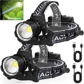 LED Rechargeable Headlamp, 190000 Lumens Super Bright Head Lamp with 3 Modes and IPX7 Waterproof USB Headlamps for Adult Rechargeable, 180° Adjustable, Suitable for Outdoor Camping, Running, Climbing